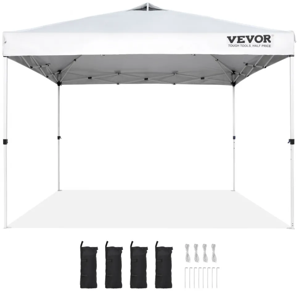 VEVOR Pop Up Canopy Tent, 10 x 10 ft, 250 D PU Silver Coated Tarp, with Portable Roller Bag and 4 Sandbags, Waterproof and Sun Shelter Gazebo for Outdoor Party, Camping, Commercial Events, White