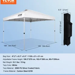 VEVOR Pop Up Canopy Tent, 10 x 10 ft, 250 D PU Silver Coated Tarp, with Portable Roller Bag and 4 Sandbags, Waterproof and Sun Shelter Gazebo for Outdoor Party, Camping, Commercial Events, White