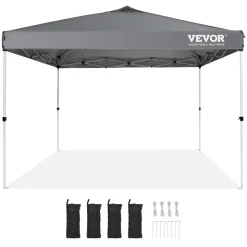 VEVOR Pop Up Canopy Tent, 10 x 10 ft, 250 D PU Silver Coated Tarp, with Portable Roller Bag and 4 Sandbags, Waterproof and Sun Shelter Gazebo for Outdoor Party, Camping, Commercial Events, Dark Gray