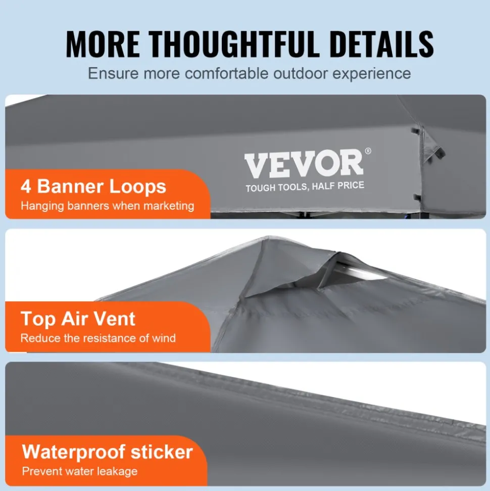 VEVOR Pop Up Canopy Tent, 10 x 10 ft, 250 D PU Silver Coated Tarp, with Portable Roller Bag and 4 Sandbags, Waterproof and Sun Shelter Gazebo for Outdoor Party, Camping, Commercial Events, Dark Gray