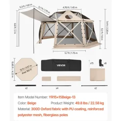 VEVOR Pop up Gazebo Screen Tent, 15 x 15 ft, 13-Sided Spherical Camping Canopy Tent with Removable Top & Carry Bag, Quick-Set & Bite-Proof, Screen House Sun Shelter for 12-15 Persons, Beige