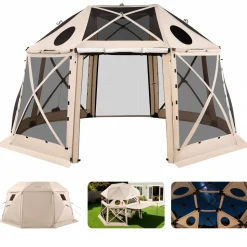 VEVOR Pop up Gazebo Screen Tent, 15 x 15 ft, 13-Sided Spherical Camping Canopy Tent with Removable Top & Carry Bag, Quick-Set & Bite-Proof, Screen House Sun Shelter for 12-15 Persons, Beige