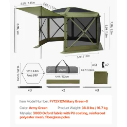 VEVOR Pop up Gazebo Screen Tent, 12 x 12 ft Large 6-Sided Camping Canopy Tent with Removable Top & Carry Bag, Quick-Set & Bite-Proof, Screen House Sun Shelter for 8-10 Persons Backyard Patio, Green