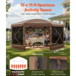 VEVOR Pop up Gazebo Screen Tent, 15 x 15 ft Large 8-Sided Camping Canopy Tent with Removable Top & Carry Bag, Quick-Set & Bite-Proof, Screen House Sun Shelter for 12-15 Persons Backyard Patio, Brown