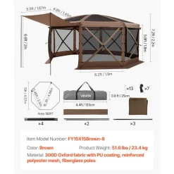 VEVOR Pop up Gazebo Screen Tent, 15 x 15 ft Large 8-Sided Camping Canopy Tent with Removable Top & Carry Bag, Quick-Set & Bite-Proof, Screen House Sun Shelter for 12-15 Persons Backyard Patio, Brown
