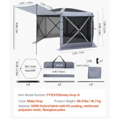 VEVOR Pop up Gazebo Screen Tent, 12 x 12 ft Large 6-Sided Camping Canopy Tent with Removable Top & Carry Bag, Quick-Set & Bite-Proof, Screen House Sun Shelter for 8-10 Persons Backyard Patio, Grey