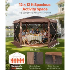 VEVOR Pop up Gazebo Screen Tent, 12 x 12 ft Large 6-Sided Camping Canopy Tent with Removable Top & Carry Bag, Quick-Set & Bite-Proof, Screen House Sun Shelter for 8-10 Persons Backyard Patio, Brown