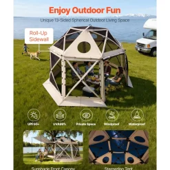 VEVOR Pop up Gazebo Screen Tent, 12 x 12 ft, 13-Sided Spherical Camping Canopy Tent with Removable Top & Carry Bag, Quick-Set & Bite-Proof, Screen House Sun Shelter for 8-10 Persons, Beige