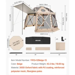 VEVOR Pop up Gazebo Screen Tent, 12 x 12 ft, 13-Sided Spherical Camping Canopy Tent with Removable Top & Carry Bag, Quick-Set & Bite-Proof, Screen House Sun Shelter for 8-10 Persons, Beige