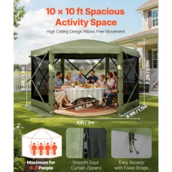 VEVOR Pop up Gazebo Screen Tent, 10 x 10 ft Large 6-Sided Camping Canopy Tent with Removable Top & Carry Bag, Quick-Set & Bite-Proof, Screen House Sun Shelter for 6-8 Persons Backyard Patio, Green