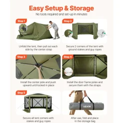 VEVOR Pop up Gazebo Screen Tent, 10 x 10 ft Large 6-Sided Camping Canopy Tent with Removable Top & Carry Bag, Quick-Set & Bite-Proof, Screen House Sun Shelter for 6-8 Persons Backyard Patio, Green