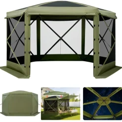 VEVOR Pop up Gazebo Screen Tent, 10 x 10 ft Large 6-Sided Camping Canopy Tent with Removable Top & Carry Bag, Quick-Set & Bite-Proof, Screen House Sun Shelter for 6-8 Persons Backyard Patio, Green