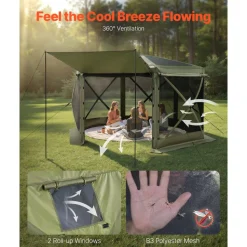 VEVOR Pop up Gazebo Screen Tent, 10 x 10 ft Large 6-Sided Camping Canopy Tent with Removable Top & Carry Bag, Quick-Set & Bite-Proof, Screen House Sun Shelter for 6-8 Persons Backyard Patio, Green