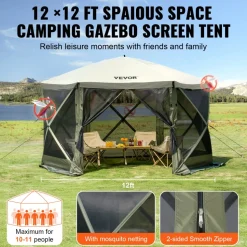 VEVOR Pop Up Gazebo Tent, Pop-Up Screen Tent 6 Sided Canopy Sun Shelter with 6 Removable Privacy Wind Cloths & Mesh Windows, 12x12FT Quick Set Screen Tent with Mosquito Netting, Army Green