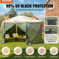 VEVOR Pop Up Gazebo Tent, Pop-Up Screen Tent 6 Sided Canopy Sun Shelter with 6 Removable Privacy Wind Cloths & Mesh Windows, 12x12FT Quick Set Screen Tent with Mosquito Netting, Army Green