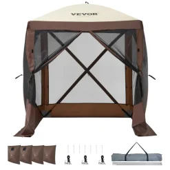 VEVOR Pop Up Gazebo Tent, Pop-Up Screen Tent 4 Sided Canopy Sun Shelter with 4 Removable Privacy Wind Cloths & Mesh Windows, 6x6FT Quick Set Screen Tent with Mosquito Netting, Brown