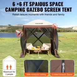 VEVOR Pop Up Gazebo Tent, Pop-Up Screen Tent 4 Sided Canopy Sun Shelter with 4 Removable Privacy Wind Cloths & Mesh Windows, 6x6FT Quick Set Screen Tent with Mosquito Netting, Brown