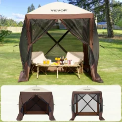 VEVOR Pop Up Gazebo Tent, Pop-Up Screen Tent 4 Sided Canopy Sun Shelter with 4 Removable Privacy Wind Cloths & Mesh Windows, 6x6FT Quick Set Screen Tent with Mosquito Netting, Brown