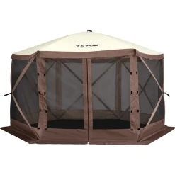 VEVOR Pop Up Gazebo Tent, Pop-Up Screen Tent 6 Sided Canopy Sun Shelter with 6 Removable Privacy Wind Cloths & Mesh Windows, 11.5x11.5FT Quick Set Screen Tent with Mosquito Netting, Brown