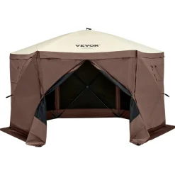 VEVOR Pop Up Gazebo Tent, Pop-Up Screen Tent 6 Sided Canopy Sun Shelter with 6 Removable Privacy Wind Cloths & Mesh Windows, 11.5x11.5FT Quick Set Screen Tent with Mosquito Netting, Brown
