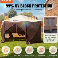 VEVOR Pop Up Gazebo Tent, Pop-Up Screen Tent 6 Sided Canopy Sun Shelter with 6 Removable Privacy Wind Cloths & Mesh Windows, 12.5x12.5FT Quick Set Screen Tent with Mosquito Netting, Brown