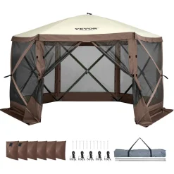 VEVOR Pop Up Gazebo Tent, Pop-Up Screen Tent 6 Sided Canopy Sun Shelter with 6 Removable Privacy Wind Cloths & Mesh Windows, 12.5x12.5FT Quick Set Screen Tent with Mosquito Netting, Brown