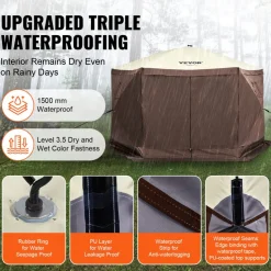 VEVOR Pop Up Gazebo Tent, Pop-Up Screen Tent 6 Sided Canopy Sun Shelter with 6 Removable Privacy Wind Cloths & Mesh Windows, 12.5x12.5FT Quick Set Screen Tent with Mosquito Netting, Brown