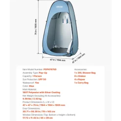 VEVOR Pop up Shower Tent, Instant Portable Privacy Tent Changing Room with Shower Bag, Ground Stakes, Ropes, Carry Bag, 190T Polyester with Silver Coating, Quick Setup, for Camping, Beach, Fishing