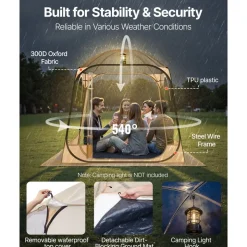 VEVOR Pop up Sports Tent, 72x72 in Clear Bubble Tent for 2-4 Persons, Waterproof Outdoor Pod with Floor Mat & Top Cover, Garden Igloo Dome Tents Camping Shelter for Events Fishing Cheering