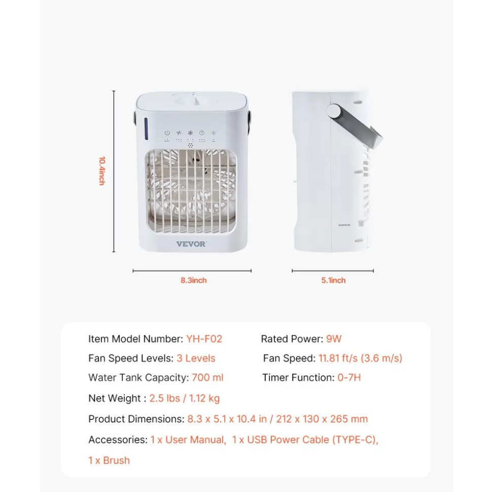 VEVOR Portable Air Conditioner, 4-in-1 Evaporative Air Cooler, 3-Speed Mini Air Conditioner with 0-7H Smart Timer, 700ml Water Tank, 7-Color Light, Personal Mini Desk AC Fan for Bedroom Office Room