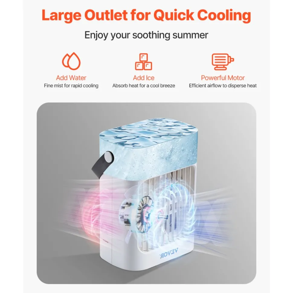 VEVOR Portable Air Conditioner, 4-in-1 Evaporative Air Cooler, 3-Speed Mini Air Conditioner with 0-7H Smart Timer, 700ml Water Tank, 7-Color Light, Personal Mini Desk AC Fan for Bedroom Office Room