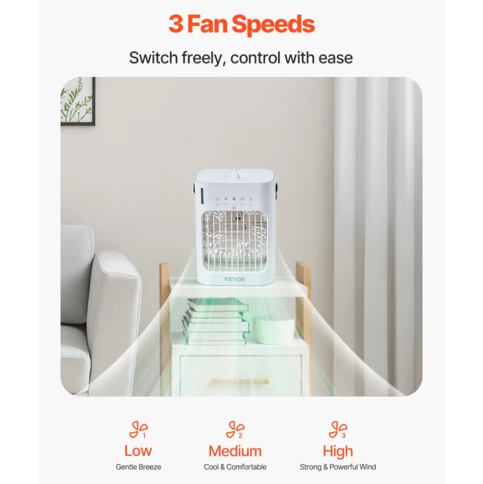 VEVOR Portable Air Conditioner, 4-in-1 Evaporative Air Cooler, 3-Speed Mini Air Conditioner with 0-7H Smart Timer, 700ml Water Tank, 7-Color Light, Personal Mini Desk AC Fan for Bedroom Office Room
