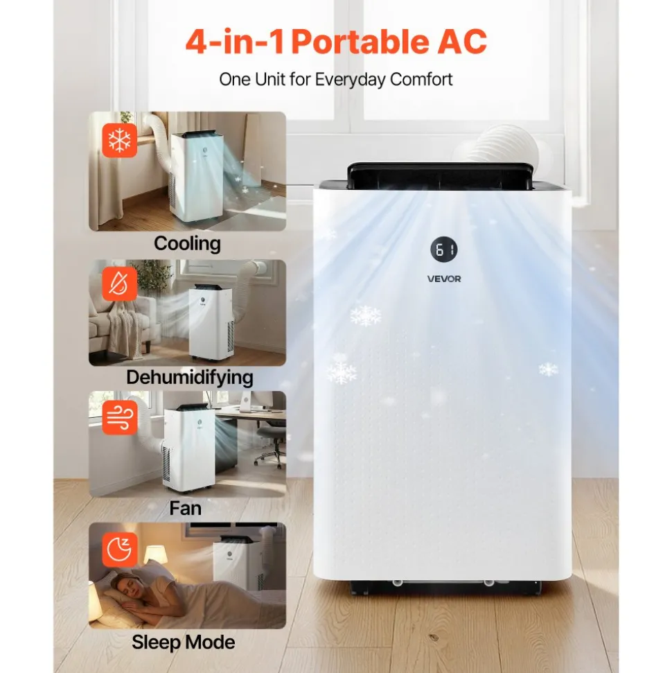 VEVOR Portable Air Conditioner, 14000 BTU ASHRAE (9800 BTU SACC) 4-in-1 Standing Cooling Ac Unit, LED Touch Panel & Remote Control, 24h Timer, Cooling, Dehumidifier, Fan, Sleep Mode for Room Indoor