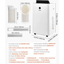 VEVOR Portable Air Conditioner, 14000 BTU ASHRAE (9800 BTU SACC) 4-in-1 Standing Cooling Ac Unit, LED Touch Panel & Remote Control, 24h Timer, Cooling, Dehumidifier, Fan, Sleep Mode for Room Indoor