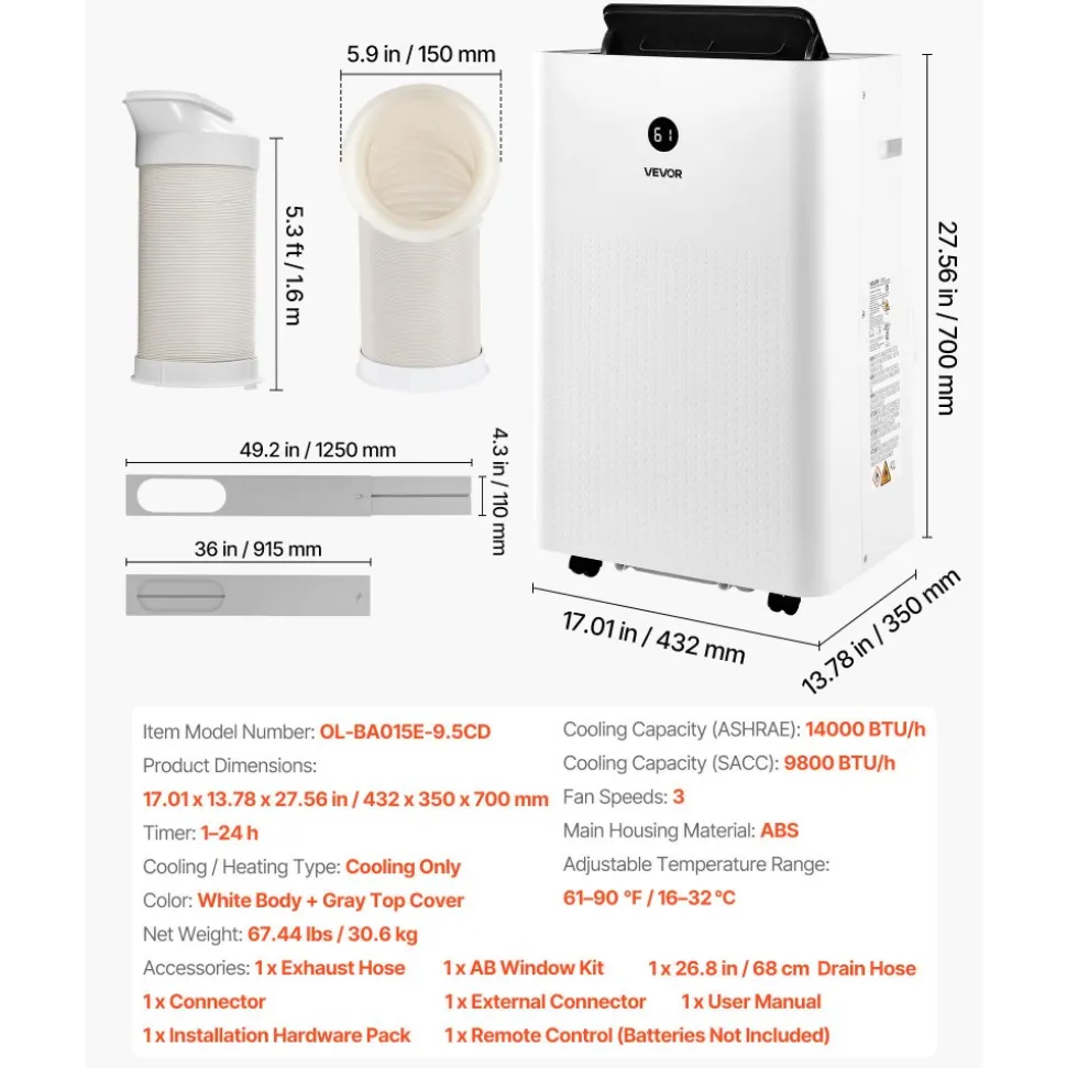 VEVOR Portable Air Conditioner, 14000 BTU ASHRAE (9800 BTU SACC) 4-in-1 Standing Cooling Ac Unit, LED Touch Panel & Remote Control, 24h Timer, Cooling, Dehumidifier, Fan, Sleep Mode for Room Indoor