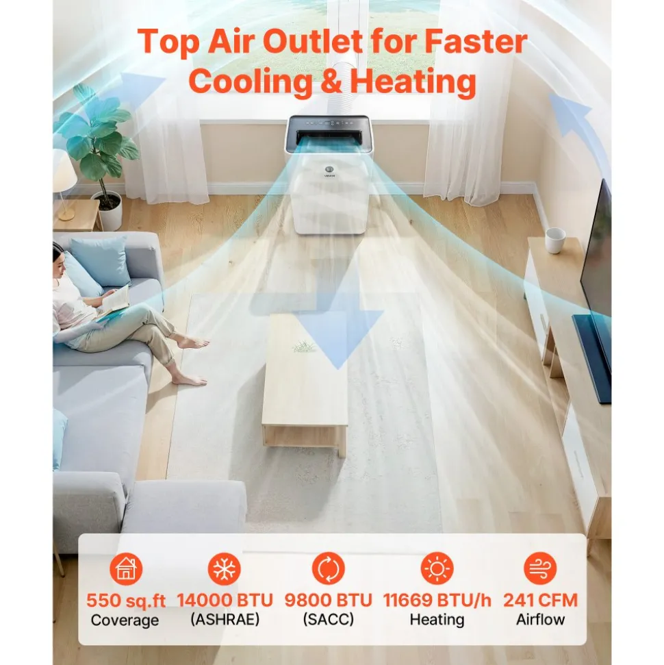 VEVOR Portable Air Conditioner and Heater Combo, 14000 BTU (9800 BTU SACC) 5-in-1 Standing Cooling Ac Unit, LED Touch Panel & Remote Control, 24h Timer, Dehumidifier/Fan/Sleep Mode for Room Indoor
