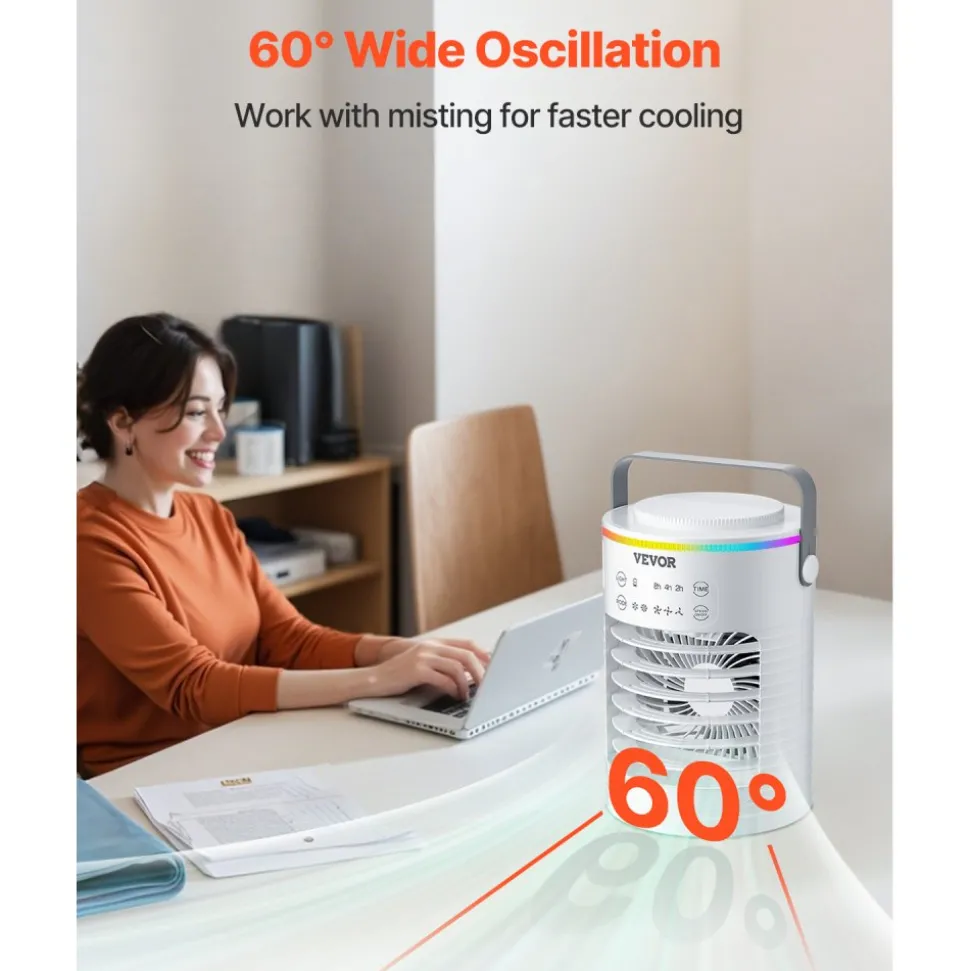 VEVOR Portable Air Conditioner, 4-in-1 Evaporative Air Cooler, 3-Speed Mini Air Conditioner with Smart Timer, 600ml Water Tank, 7-Color Light, Personal Mini Desk AC Fan for Bedroom Office Room