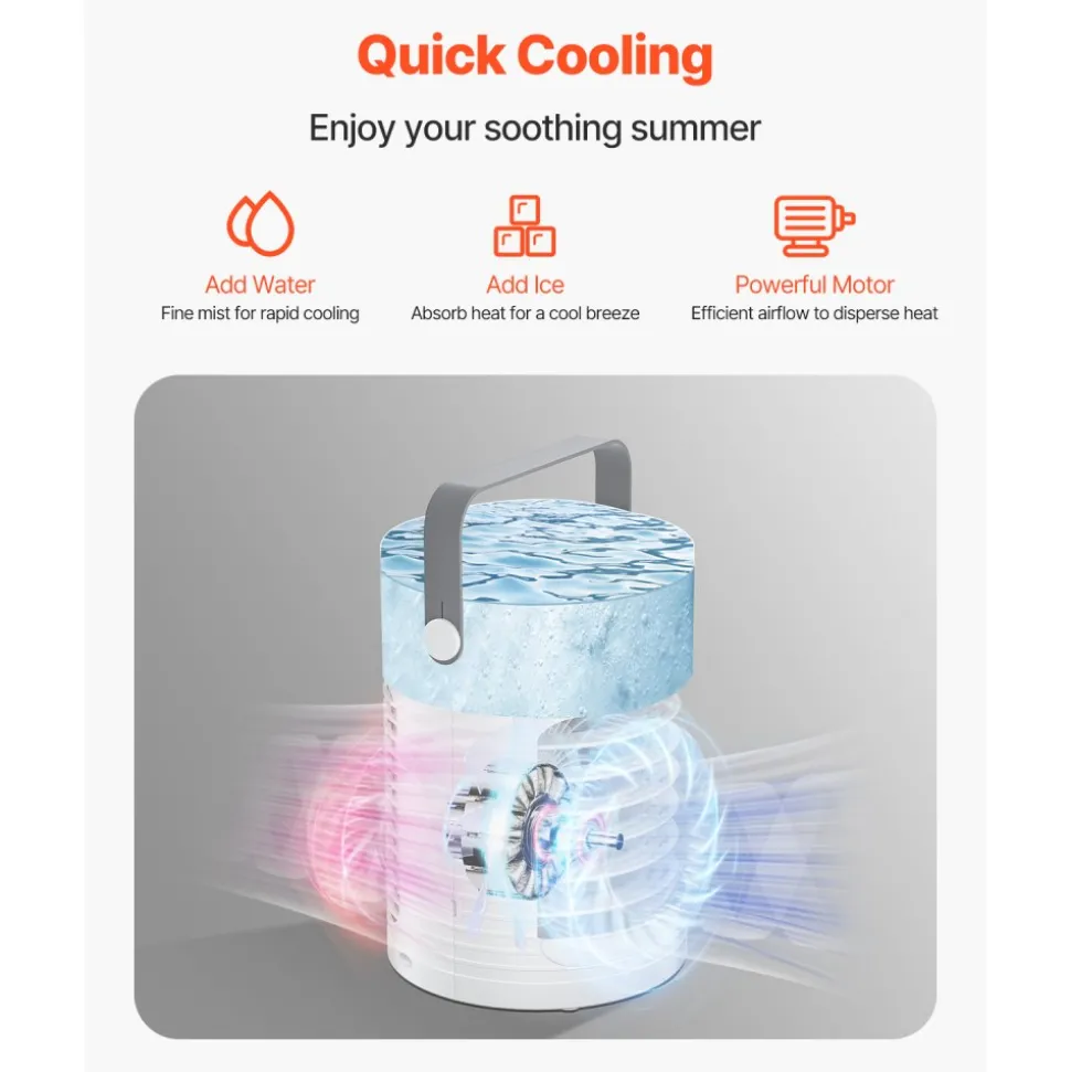 VEVOR Portable Air Conditioner, 4-in-1 Evaporative Air Cooler, 3-Speed Mini Air Conditioner with Smart Timer, 600ml Water Tank, 7-Color Light, Personal Mini Desk AC Fan for Bedroom Office Room