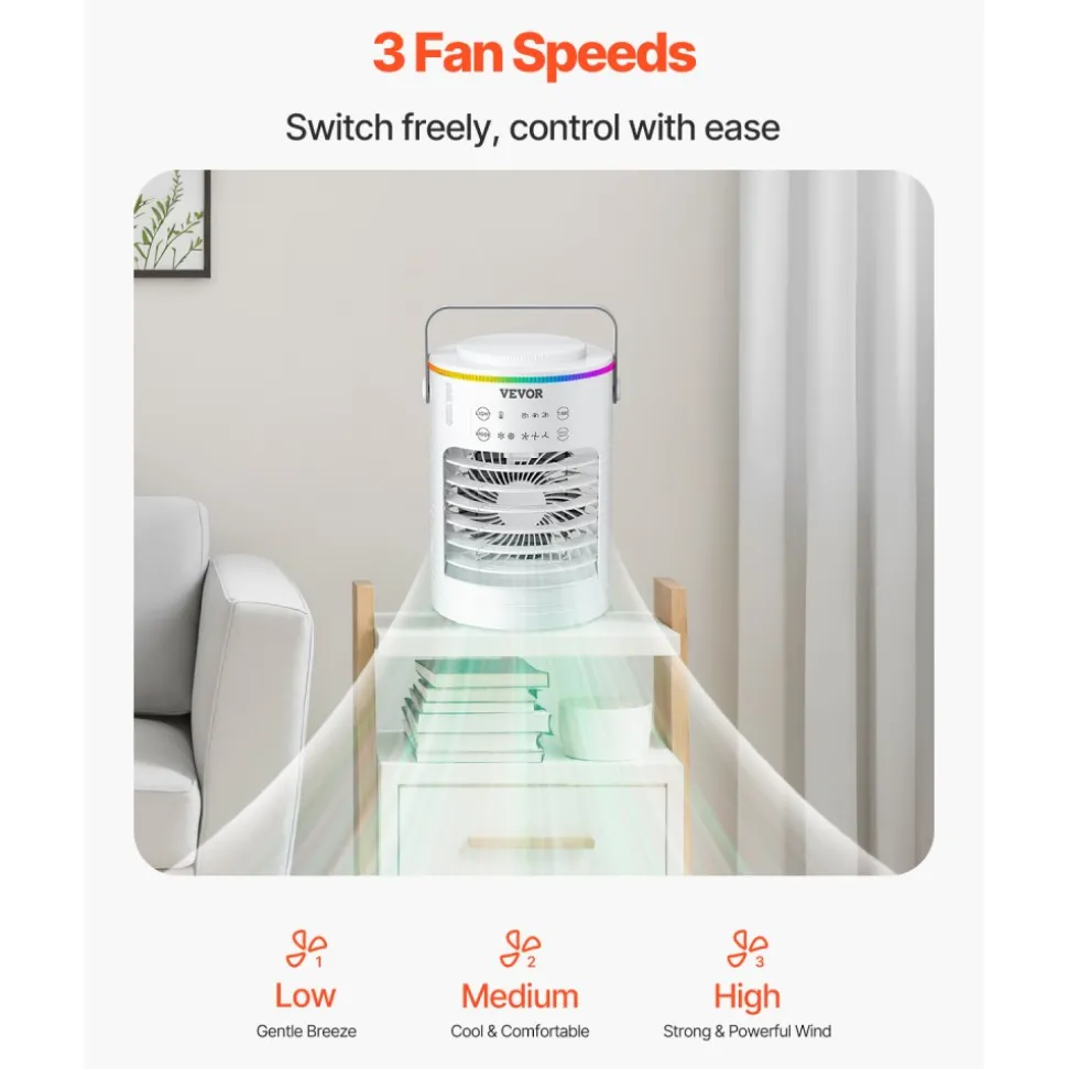 VEVOR Portable Air Conditioner, 4-in-1 Evaporative Air Cooler, 3-Speed Mini Air Conditioner with Smart Timer, 600ml Water Tank, 7-Color Light, Personal Mini Desk AC Fan for Bedroom Office Room