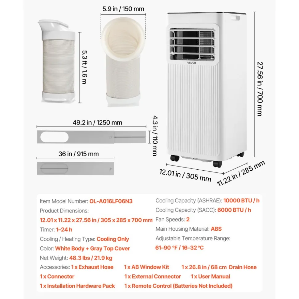 VEVOR Portable Air Conditioner, 10000 BTU ASHRAE (6000 BTU SACC) 3-in-1 Standing Cooling Ac Unit, with LED Touch Panel & Remote Control, 24h Timer, Cooling, Dehumidifier, Fan for Room Indoor, White