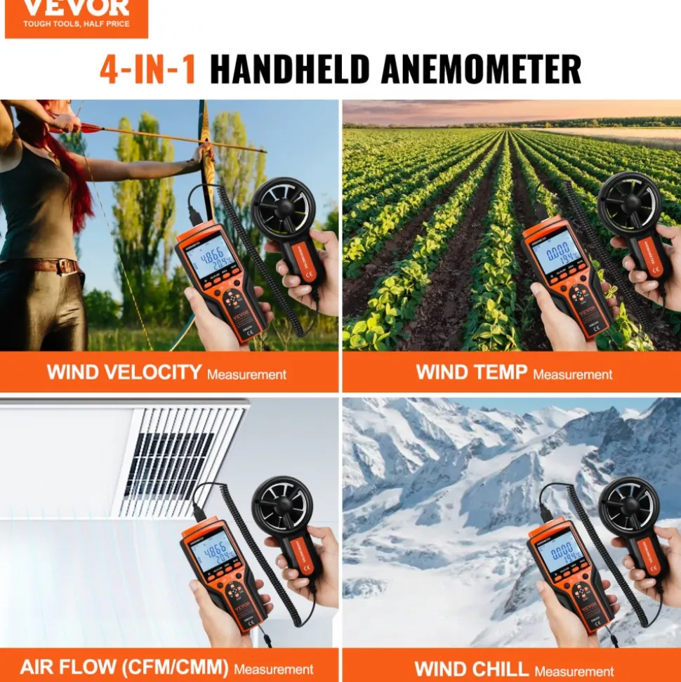 VEVOR Portable Anemometer Split Design, Temp Range 14℉-140℉, LED Screen Digital Air Speed & Temperature Meter, Wind Chill & Velocity Measurement, Ideal for Sailing, Surfing, Flying, HVAC