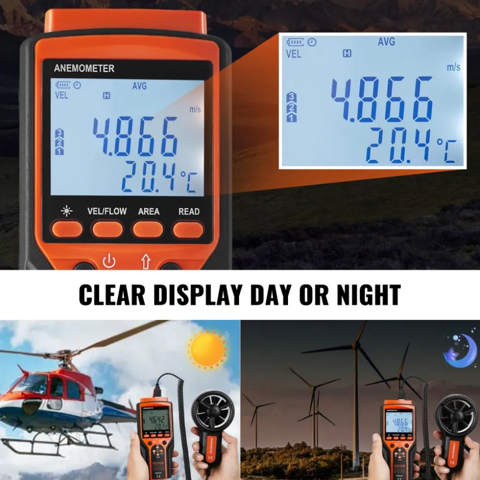 VEVOR Portable Anemometer Split Design, Temp Range 14℉-140℉, LED Screen Digital Air Speed & Temperature Meter, Wind Chill & Velocity Measurement, Ideal for Sailing, Surfing, Flying, HVAC