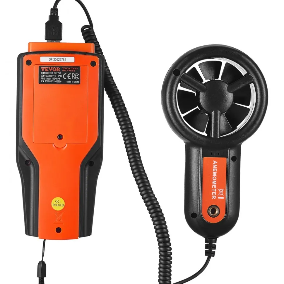 VEVOR Portable Anemometer Split Design, Temp Range 14℉-140℉, LED Screen Digital Air Speed & Temperature Meter, Wind Chill & Velocity Measurement, Ideal for Sailing, Surfing, Flying, HVAC