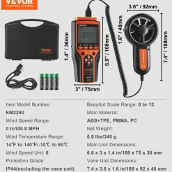 VEVOR Portable Anemometer Split Design, Temp Range 14℉-140℉, LED Screen Digital Air Speed & Temperature Meter, Wind Chill & Velocity Measurement, Ideal for Sailing, Surfing, Flying, HVAC
