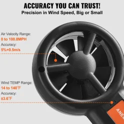 VEVOR Portable Anemometer Split Design, Temp Range 14℉-140℉, LED Screen Digital Air Speed & Temperature Meter, Wind Chill & Velocity Measurement, Ideal for Sailing, Surfing, Flying, HVAC