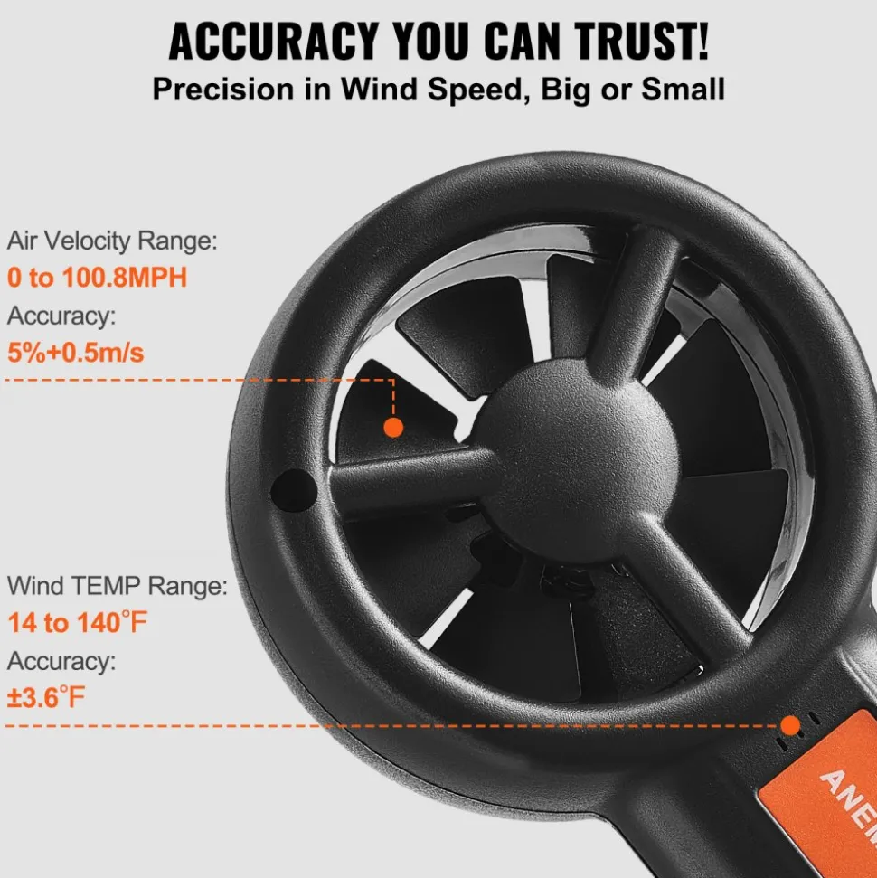 VEVOR Portable Anemometer Split Design, Temp Range 14℉-140℉, LED Screen Digital Air Speed & Temperature Meter, Wind Chill & Velocity Measurement, Ideal for Sailing, Surfing, Flying, HVAC