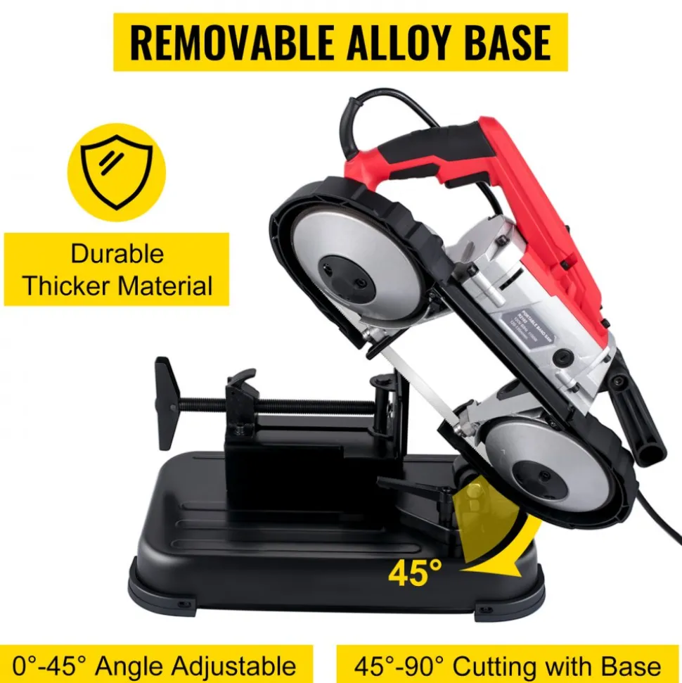 VEVOR Portable Band Saw, 110V 10-Amp Corded Tool with Removable Steel Base, 5-Inch Capacity, 6-Level Variable Speed, 0 to 45 Degree Angle, Deep-Cut Band Saw for Steel, Aluminum, Iron, Wood and PVC