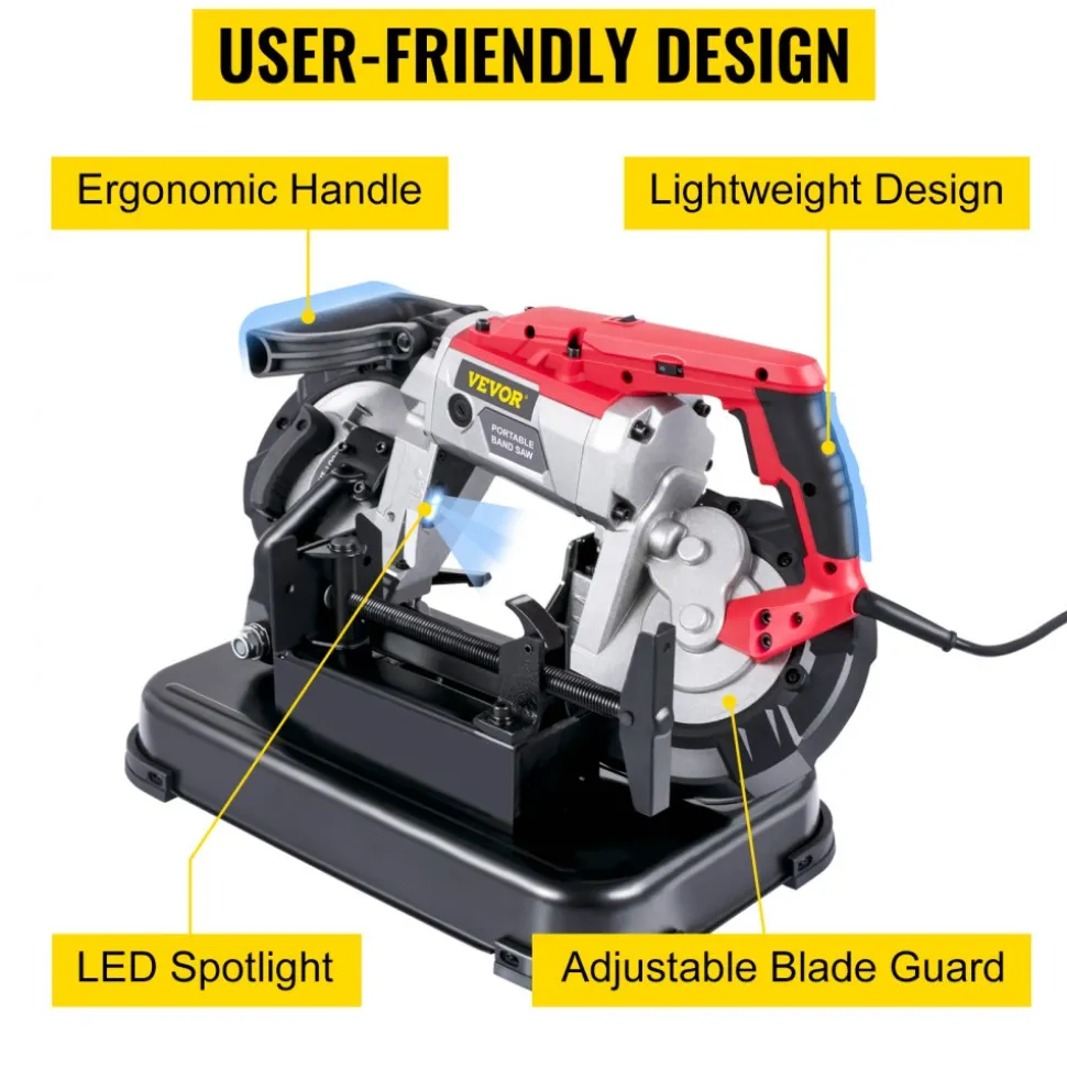 VEVOR Portable Band Saw, 110V 10-Amp Corded Tool with Removable Steel Base, 5-Inch Capacity, 6-Level Variable Speed, 0 to 45 Degree Angle, Deep-Cut Band Saw for Steel, Aluminum, Iron, Wood and PVC