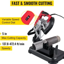 VEVOR Portable Band Saw, 110V 10-Amp Corded Tool with Removable Steel Base, 5-Inch Capacity, 6-Level Variable Speed, 0 to 45 Degree Angle, Deep-Cut Band Saw for Steel, Aluminum, Iron, Wood and PVC