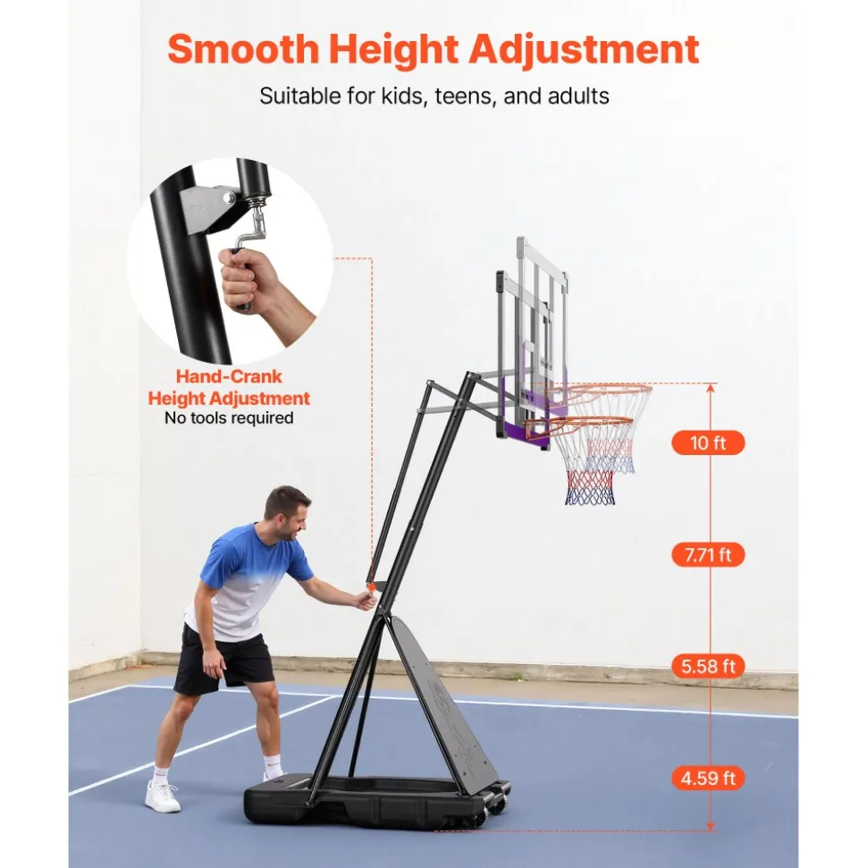 VEVOR Portable Basketball Stand, 10 ft Height Adjustment Basketball Hoop & Goal, Basketballs Hoop Outdoor with 48 inch PC Backboard for Kids, Adults in Schools, Parks, Indoor & Outdoor Use